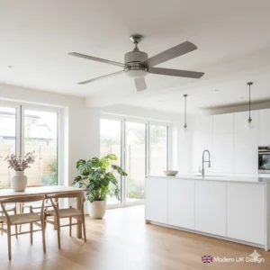 A stylish brushed chrome DC ceiling fan installed in a contemporary UK kitchen-diner.