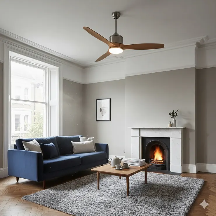 A contemporary three-blade ceiling fan with integrated LED light installed in a modern British living room. ceiling fan buying guide