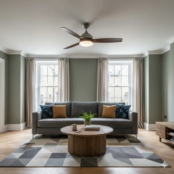 A sleek modern ceiling fan with integrated LED light fitting installed on a white ceiling in a contemporary UK lounge. ceiling fan with integrated LED