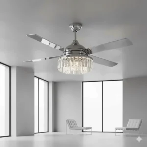 Sleek chrome chandelier ceiling fan with retractable blades and minimalist crystal detailing.