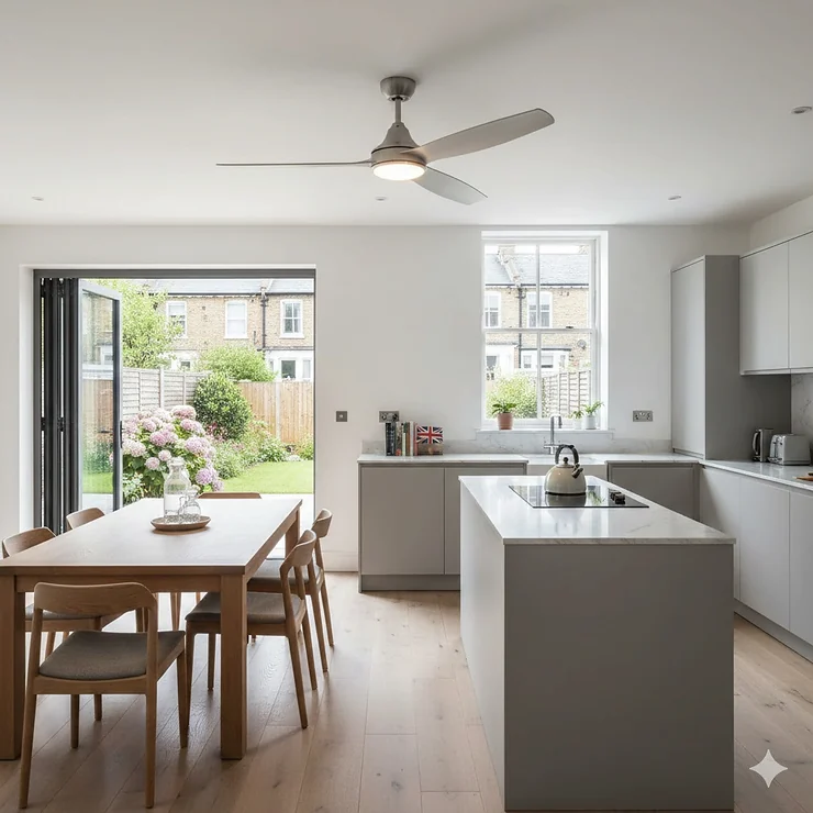 A sleek, modern kitchen ceiling fan with integrated LED lighting installed in a contemporary British open-plan kitchen and dining area. kitchen ceiling fan quiet