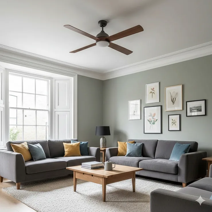 A modern four-blade ceiling fan with dark timber blades installed in a bright, contemporary British living room featuring a large bay window and neutral sage walls. wooden blade ceiling fans