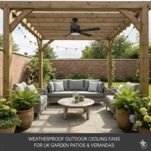 A weatherproof black ceiling fan installed under a timber garden pergola in a landscaped British patio area.