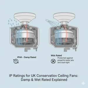 Diagram explaining IP44 and IP66 ratings for damp-rated ceiling fans suitable for UK humidity.