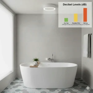 Comparison chart showing the low decibel levels of a silent bathroom extractor fan with integrated light.