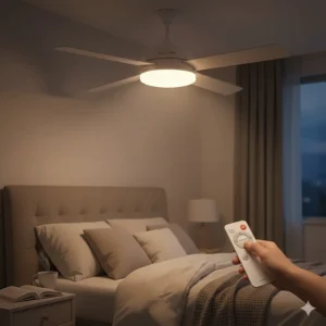 A contemporary white ceiling fan with a built-in dimmable LED light providing warm evening illumination in a bedroom.