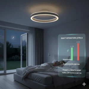 A quiet bladeless ceiling fan operating in a bedroom at night, featuring a decibel comparison chart for a peaceful night's sleep.