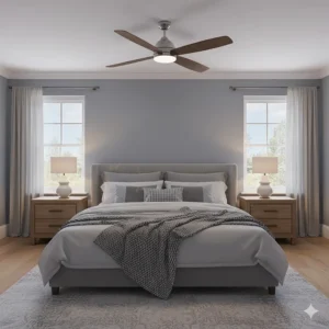 A quiet-running ceiling fan with integrated LED light above a bed in a British master bedroom.