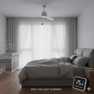 A peaceful British bedroom featuring a near-silent DC ceiling fan, ideal for light sleepers.