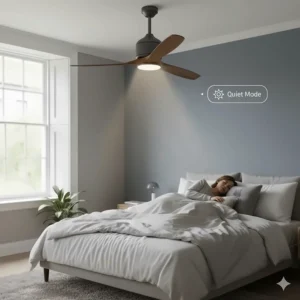 A quiet, dimmable smart ceiling fan Alexa compatible positioned above a bed in a contemporary British home.