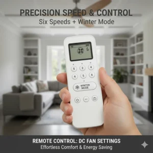 Close-up of a remote control showing multiple speed settings available on energy-efficient DC fans.