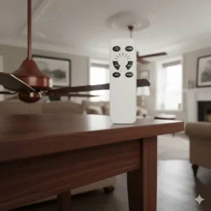 A modern remote control handset resting next to a traditional-style ceiling fan with walnut blades.
