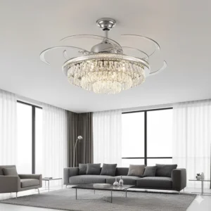 Innovative ceiling fan with hidden blades that retract when not in use, featuring a tiered crystal chandelier.
