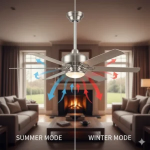 Illustration of summer and winter modes showing how airflow direction can cool a room or recirculate warm air toward the floor.