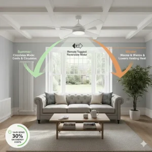 Illustration of a reversible motor ceiling fan showing how the remote control toggles airflow for summer cooling and winter heat distribution.