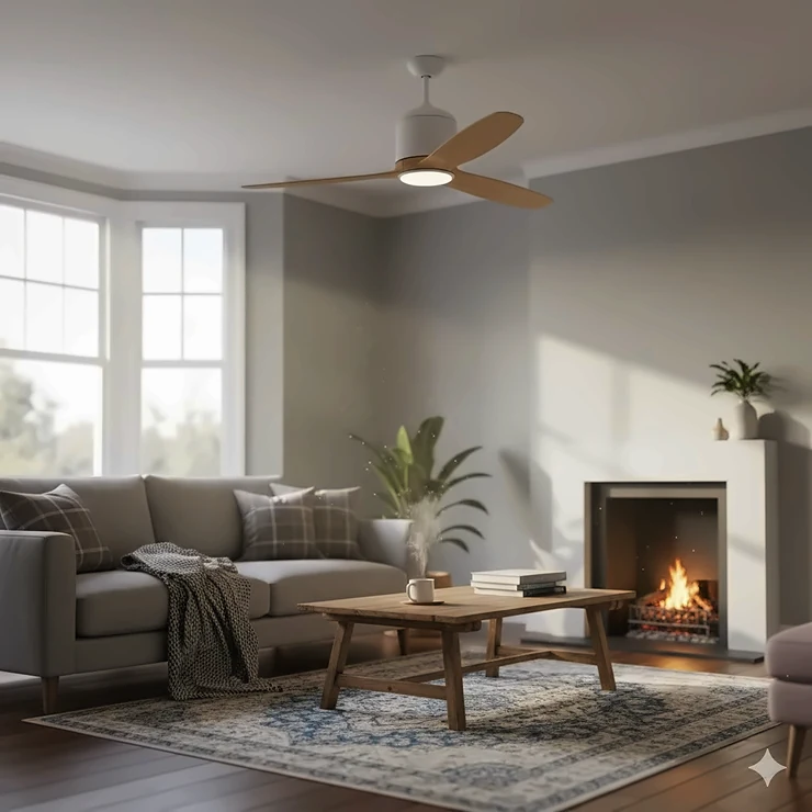 Modern reversible ceiling fan in a cosy British living room during winter, showing warm air circulation. reversible ceiling fan for winter