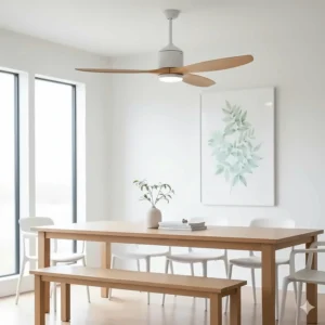 A Nordic-inspired light wood ceiling fan with three blades, providing a clean and airy aesthetic for a modern British dining space.