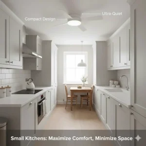 A compact, flush-mount quiet ceiling fan installed in a smaller British galley-style kitchen with low ceilings.