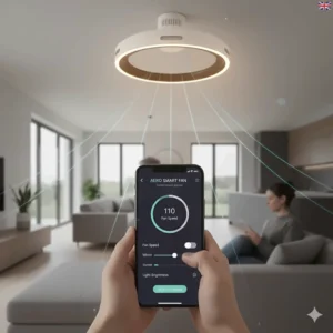 A person using a smartphone app to adjust the speed and brightness of a smart bladeless ceiling fan in a modern UK home.