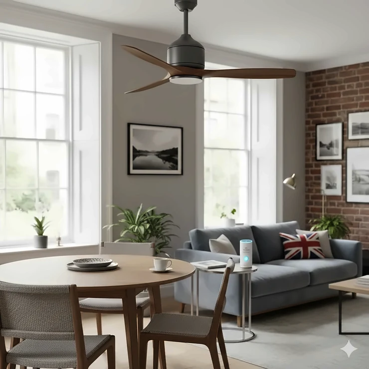 A modern smart ceiling fan Alexa compatible installed in a stylish British lounge, showing a user controlling it via a smartphone app.