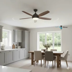 An Alexa compatible smart fan providing ventilation in an open-plan British kitchen diner.