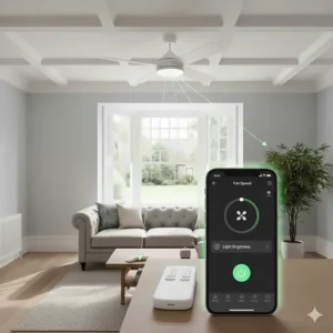 A smartphone displaying a smart home app used alongside a physical remote control to operate a modern ceiling fan.