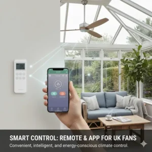 A wall-mounted remote control and smartphone app managing an outdoor-rated fan in a garden room.