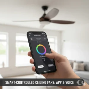 A person using a smartphone app to adjust the speed and light temperature of a smart-controlled ceiling fan.