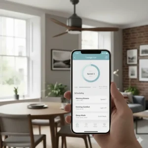 Close-up of a mobile phone screen showing the scheduling interface for a smart ceiling fan Alexa compatible.