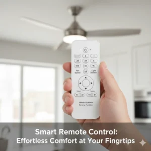 A hand holding a remote control for a quiet kitchen fan, highlighting speed settings and timer functions.