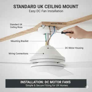 Diagram of a DC motor ceiling fan being mounted to a standard UK ceiling rose or joist.
