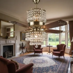 Antique brass fandelier featuring ornamental crystal droplets and classic curved fan blades.