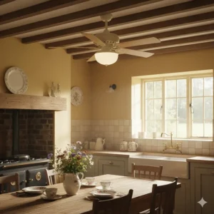 A cream-coloured traditional ceiling fan positioned over a wooden dining table in a British country-style kitchen.