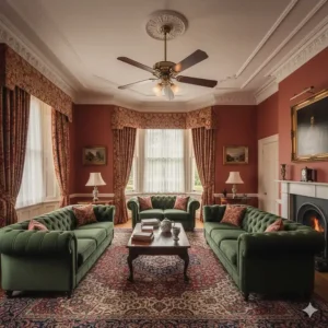 A classic five-blade ceiling fan with dark mahogany-style wooden blades, complementing a traditional lounge with Victorian-inspired architectural details.