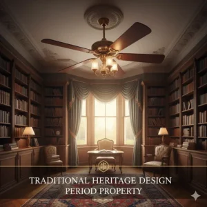 An ornate, dark wood ceiling fan with traditional lighting fitted to a decorative rose in a Victorian period property.