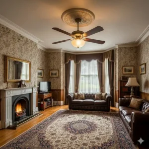 Traditional dark wood ceiling fan with light installed in a Victorian living room with high ceilings and a plaster rose.