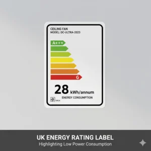 Illustration of a UK energy label highlighting the low power consumption of a DC motor fan.