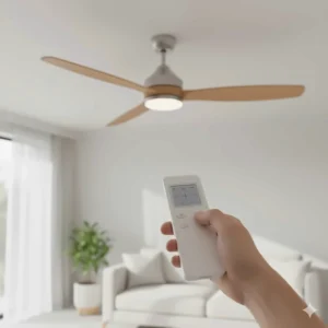 A sleek wooden blade ceiling fan being operated by a handheld remote control for convenient speed and light adjustment.