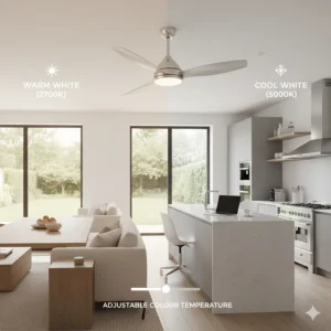 Visual comparison showing adjustable colour temperature from warm white to cool white lighting on an LED ceiling fan.