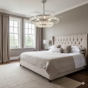 A quiet, dimmable crystal fandelier installed over a king-size bed in a neutral-toned bedroom.