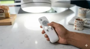 Wide-angle view of a bright ceiling fan illuminating a breakfast bar and kitchen worktops in a London apartment.