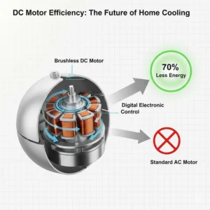 Diagram showing a brushless DC motor in a ceiling fan, highlighting how it uses 70% less energy than standard AC motors.