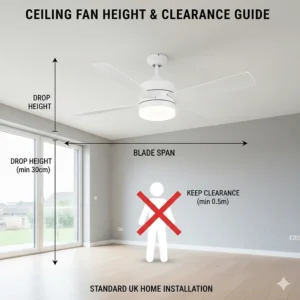 Technical drawing showing the drop height and blade span for a ceiling fan in a standard UK home.