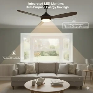 A sleek ceiling fan with an integrated dimmable LED light kit, showcasing dual-purpose energy savings for lighting and cooling.