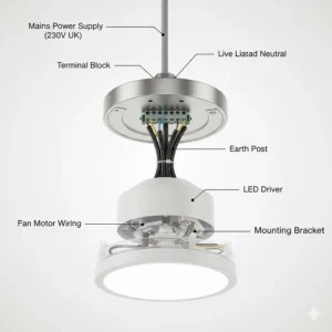 Technical illustration of the internal bracket and wiring for a standard UK ceiling fan light fitting.