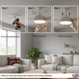 Step-by-step fitting guide for a dimmable ceiling fan showing bracket security and wiring for a standard UK ceiling installation.