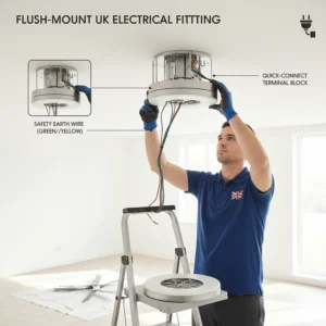 Technical illustration of a professional installer fitting a flush-mount LED ceiling fan to a standard UK electrical circuit.