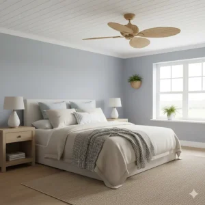 Relaxed coastal style bedroom featuring a quiet rattan ceiling fan and linen bedding.