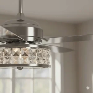 Technical diagram showing height and diameter of a crystal ceiling fan for standard UK ceiling heights.