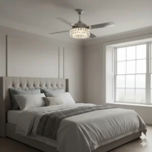 Sophisticated crystal ceiling fan providing ambient lighting over a formal dining table set.